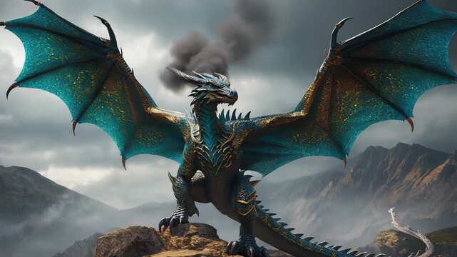 Majestic Blue Dragon Perched on Rocky Mountain Peak, Fantasy Creature Illustration, Epic Scale, Detailed Design, Powerful and Fierce.