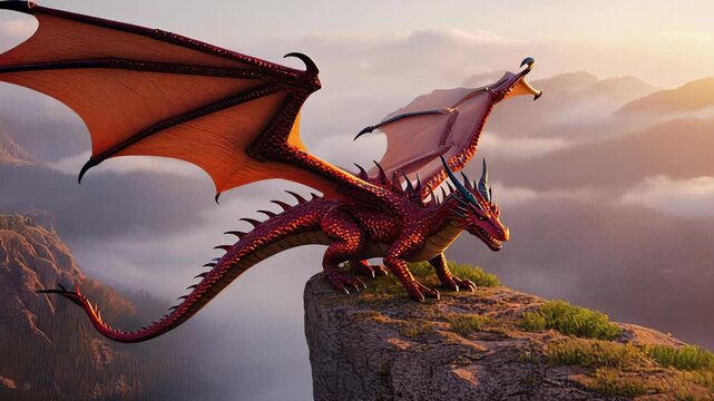 Majestic Red Dragon Perches on Mountain Peak, Fantasy Creature Illustration, Epic Landscape, Fiery Power, Mythical Beast.