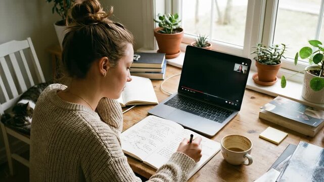 A person sits at a table with a laptop, taking notes and watching a lecture while surrounded by plants and books