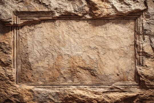 Blank stone tablet carved into rough rock face, textured background for text