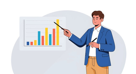 Fototapeta premium Businessman points with a stick at a rising bar chart display, presenting positive financial growth statistics during a professional office presentation.