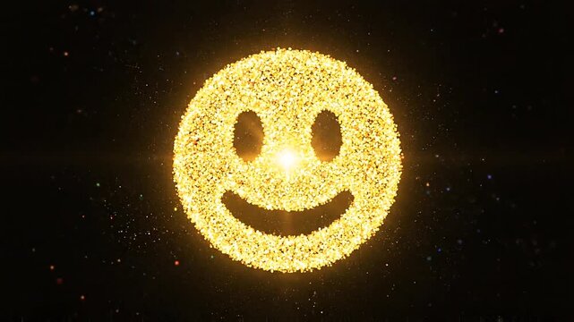 Abstract golden glittering particles rapidly converge, forming a brightly glowing animated happy smiley face emoji on black.