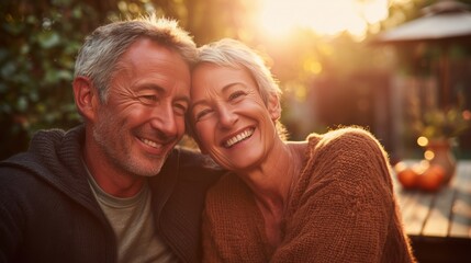 Obraz premium Happy senior couple laughing and embracing during golden hour in the garden.