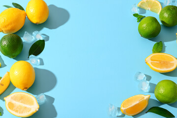 Ingredients for preparing lemonade on blue background