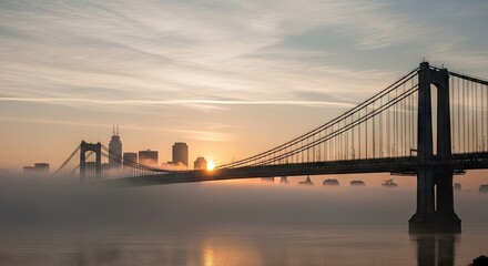 Foggy Cityscape at Dawn with Suspension Bridge