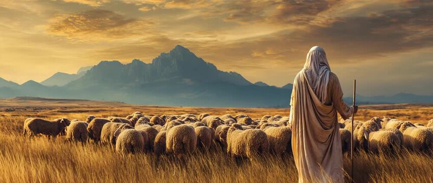Jesus walking on a peaceful hillside at twilight amid sheep.