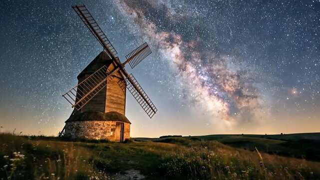 Old windmill building on a hill under a clear night sky with visible milky way and bright stars