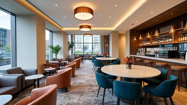 Upscale lounge with modern seating and an elegantly stocked bar area, featuring natural light and sophisticated decor