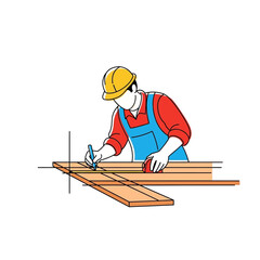 Carpenter measuring wooden planks with tape measure