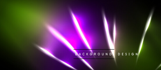 Naklejka premium Abstract neon lights, vibrant colors blend. Green transitions to purple, white streaks illuminate dark space. Modern design element.