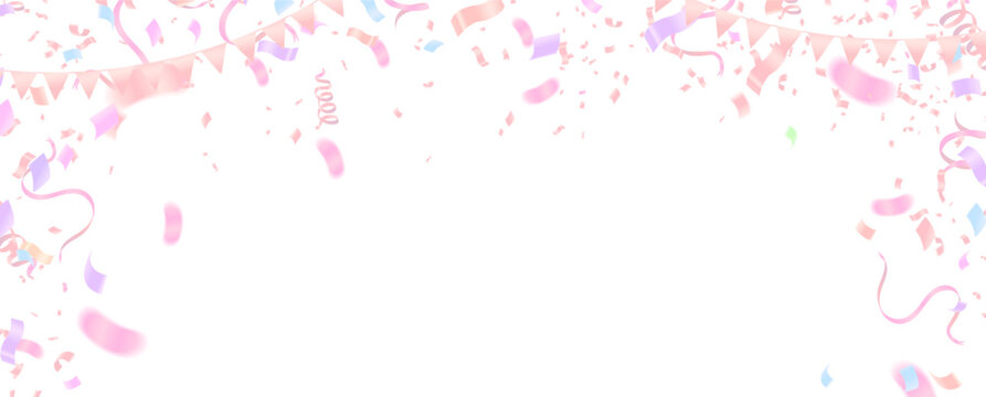 Soft pastel pink and purple confetti with bunting flags falling festive horizontal softener advertisement promotion wedding and birthday
