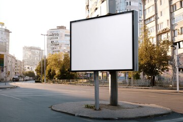 Fototapeta premium A blank, photorealistic billboard model, located on a bustling city street corner, with realistic textures and natural lighting, which can be customized with any advertisement or graphic at any time.