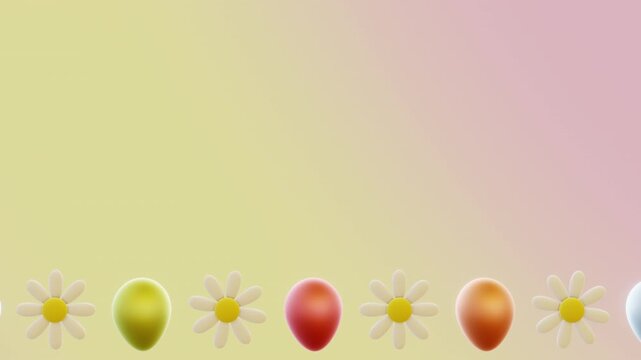 Horizontal 3D Easter eggs daisy frame border background copyspace, spring social media loop animation story brochure layout, pastel gradient in pink yellow, greeting card invitation template mockup