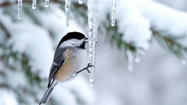 Black capped chickadee bird perched on icicle in winter snow covered forest.