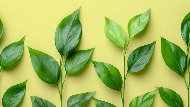 Lush Green Leaves Arrangement on Yellow Background - Botanical Flat Lay for Spring, Nature, and Wellness Concepts