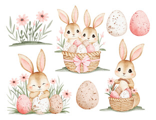 Watercolor Illustration Set of Easter Rabbit and Easter Eggs with Flowers