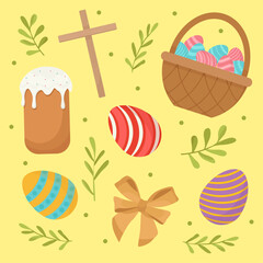 Happy easter elements sweet bread colorful eggs in twigs basket wooden cross seasonal design