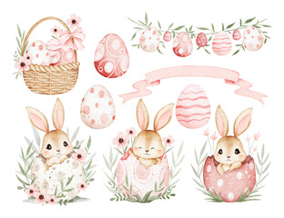 Watercolor Illustration Set of Easter Rabbit and Easter Eggs with Flowers