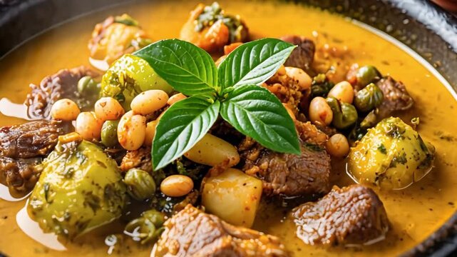 Appetizing stew served in a rustic bowl with steaming beef, beans, and fresh basil leaves for a culinary dining experience