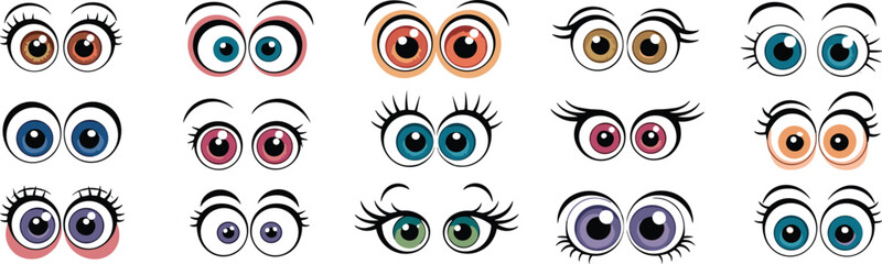 Cartoon eyes vector set, colorful iris designs, expressive character emotions, eyelash styles illustration, animation graphics pack, creative cartoon eye collection © KanonRani art