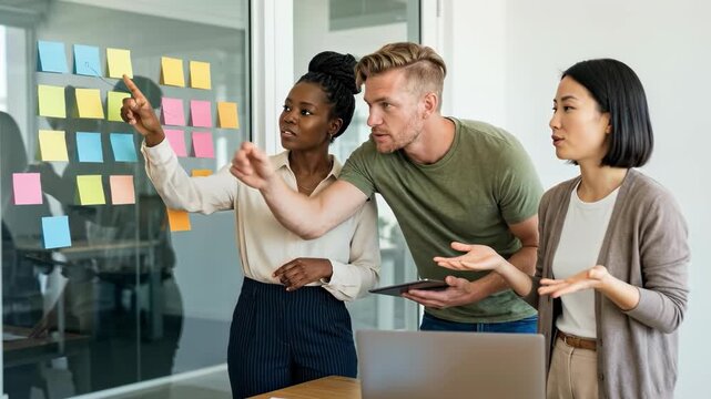 Diverse office team discussing project ideas and pointing at colorful sticky notes on a glass wall during a creative brainstorming session