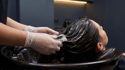 Stylist hands in gloves washing woman hair in salon sink. Professional hair treatment application concept for beauty shop services.