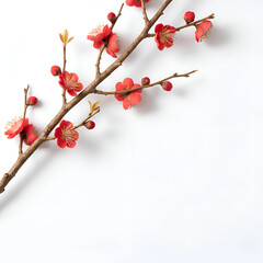 Realistic plum blossom branch with delicate red flowers and natural wood texture