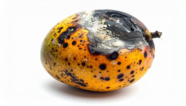 Rotten Mango with Black Spots on White Background