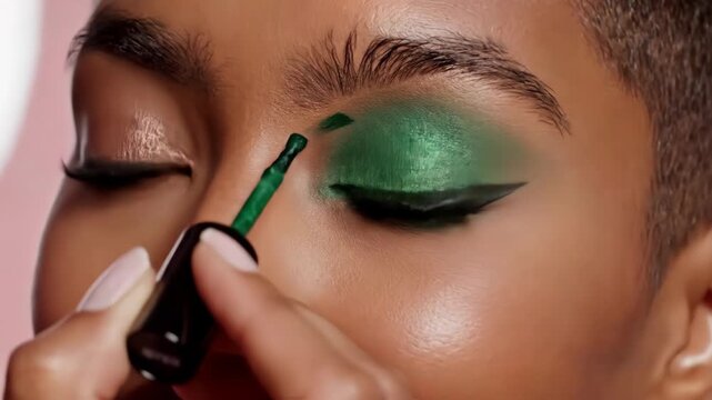 Close-up of a person applying vibrant green liquid eyeliner to their eye with gold eyeshadow