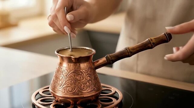 A woman stirs coffee in a decorative copper pot on the stove, making Turkish coffee.
