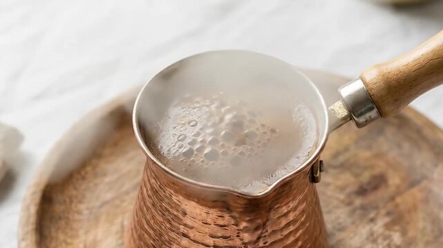 A steaming copper pot filled with rich, dark coffee sits on a wooden tray. A light-colored cloth is partially visible to the left of the tray.