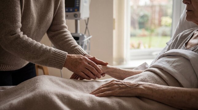 Woman holding hand of senior woman patient lying in hospital bed, offering comfort and support. Healthcare, empathy, and elderly care concept.