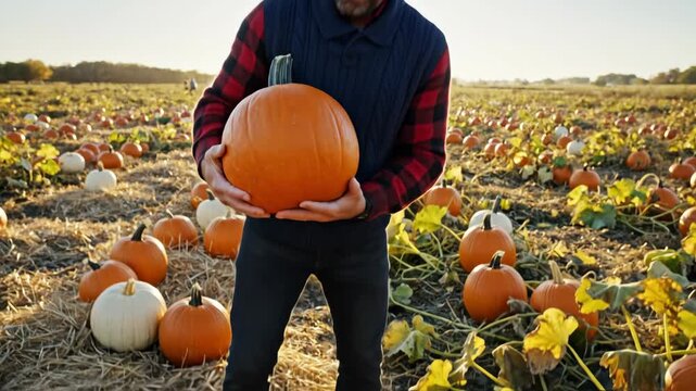 Man lifting a pumpkin in a field at sunset. Farmer picking fresh produce in a pumpkin patch during autumn harvest. Agriculture and lifestyle concept