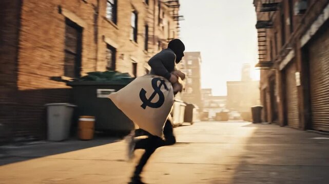 Robber running through an urban alley with a bag of money. Thief escaping with stolen loot past dumpsters in a city. Action and crime concept