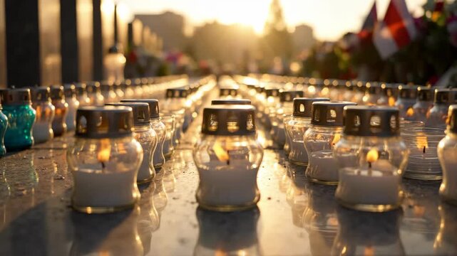 Rows of candles in glass jars flames flickering atop a reflective surface at sunset in a memorial setting with flowers and flags in the background