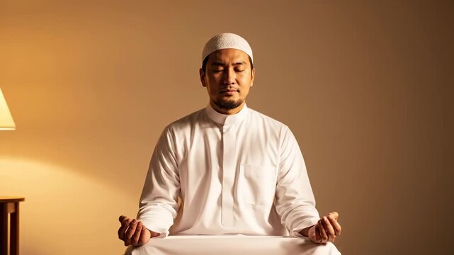 Muslim man wearing white Islamic attire or baju koko meditating or praying peacefully indoors with eyes closed and hands resting.