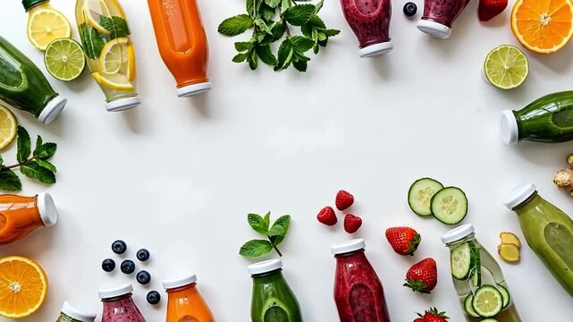 Detox smoothie and vitamin water bottles with fruit, herb, berry, and vegetable ingredients
