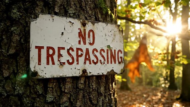 No Trespassing sign on a tree in an autumn forest. Private property warning in the woods. Nature and security concept