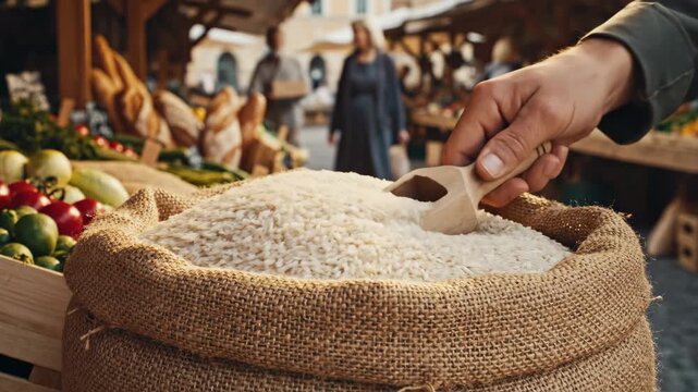 Close up of white rice in burlap sack at market. Hand scooping raw grain with wooden shovel