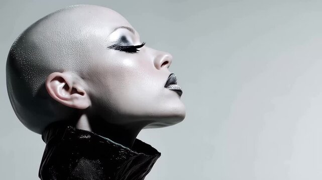 Model poses against a light background with a focus on facial features and makeup during a fashion shoot in a studio