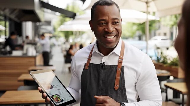 Smiling waiter showing digital menu on tablet to customer at outdoor cafe