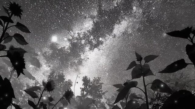 Black and white image of sunflowers silhouetted against a starlit, night sky