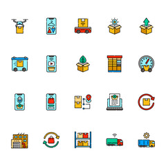 retail and logistics color line icons set.