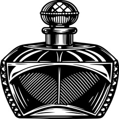 Obraz premium Ornate Square-Based Perfume Bottle Vector — Floral Stopper, Engraved Glass, Royal Emblem 
