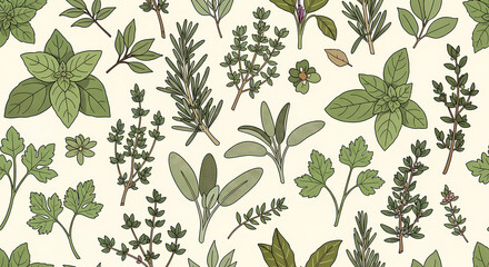 Variety of green leafy herbal plants.