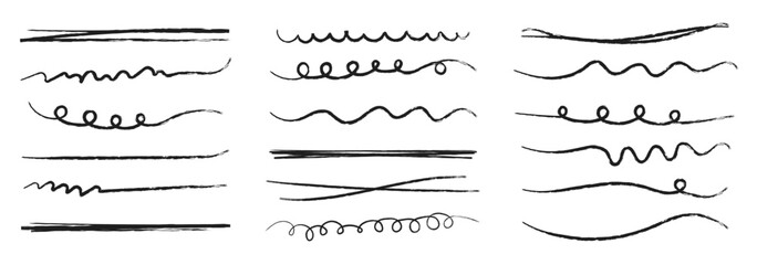Crayon pencil straight horizontal lines. Charcoal black scribble strokes. Hand drawn grunge smears, squiggles, smears. Vector set of  hand drawn crayon underline marks and strokes with rough texture.