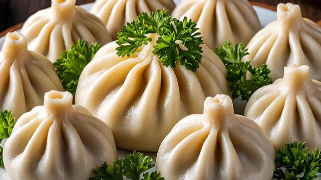 Close up of many freshly made khinkali dumplings with fresh green parsley. Traditional georgian asian cuisine, food background.