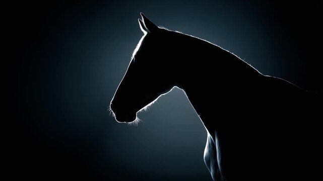 A silhouette of a horse's head and neck against a dark blue gradient background