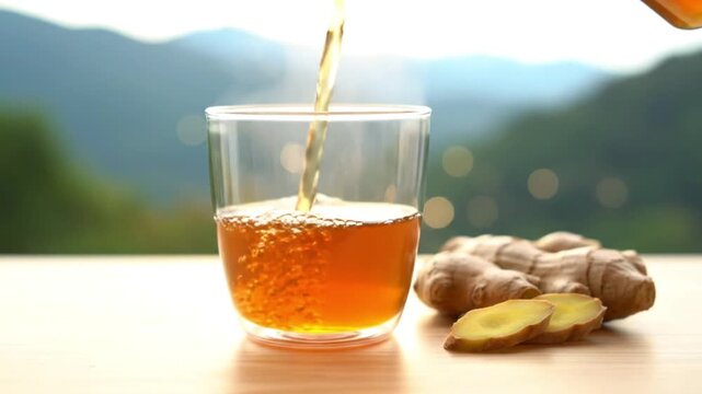 Ginger Tea Being Poured into Glass.