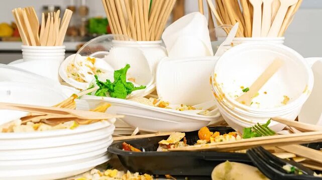 A messy pile of used disposable plates, cups, and cutlery on a white surface, representing waste.